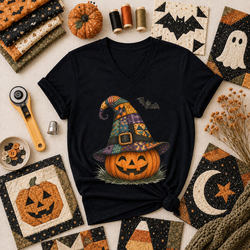 Patchwork Witch Hat Jack-O-Lantern Women's V-Neck - Black