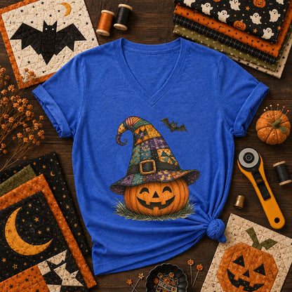 Patchwork Witch Hat Jack-O-Lantern Women's V-Neck - Heather True Royal