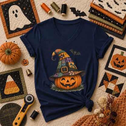 Patchwork Witch Hat Jack-O-Lantern Women's V-Neck - Navy