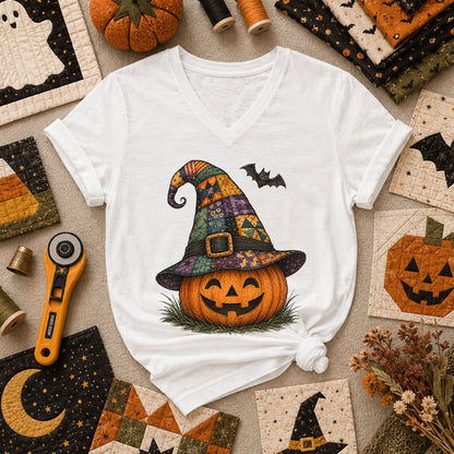 Patchwork Witch Hat Jack-O-Lantern Women's V-Neck - White
