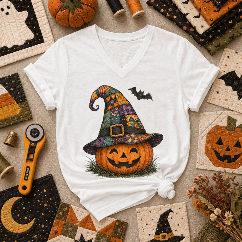 Patchwork Witch Hat Jack-O-Lantern Women's V-Neck - White