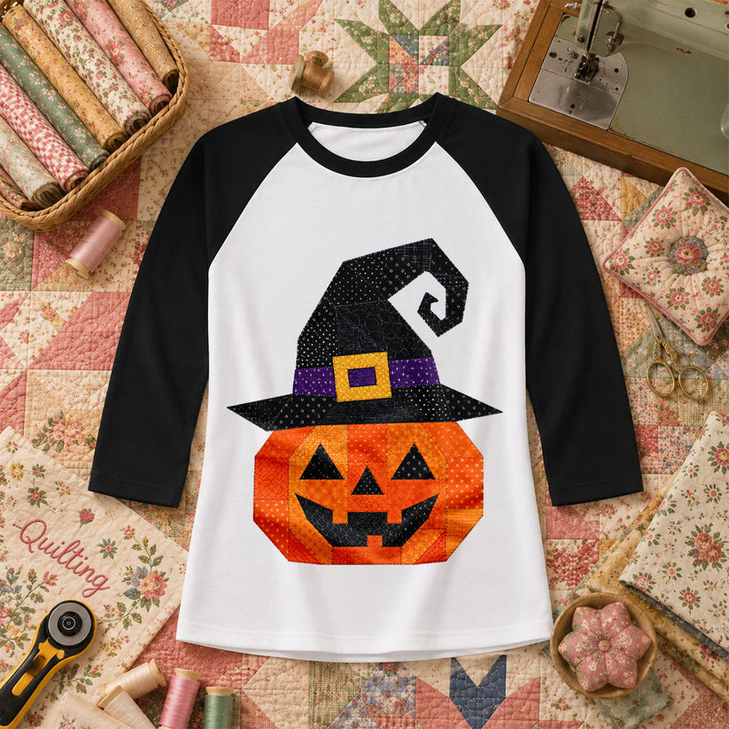 Patchwork Witch Hat Pumpkin Halloween Raglan Sleeve - Black