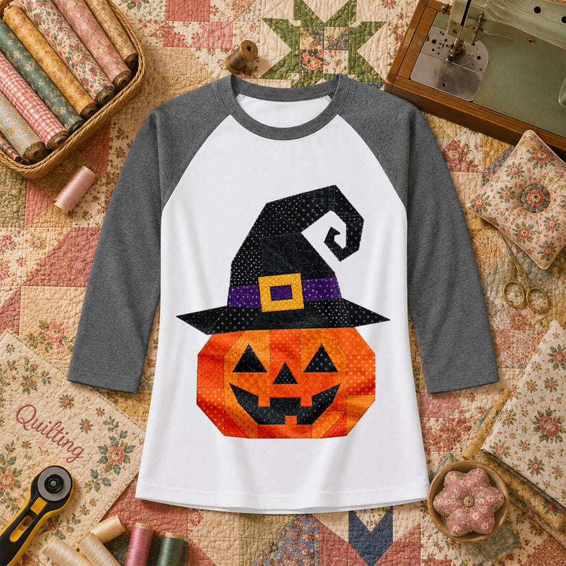Patchwork Witch Hat Pumpkin Halloween Raglan Sleeve - Deep Heather