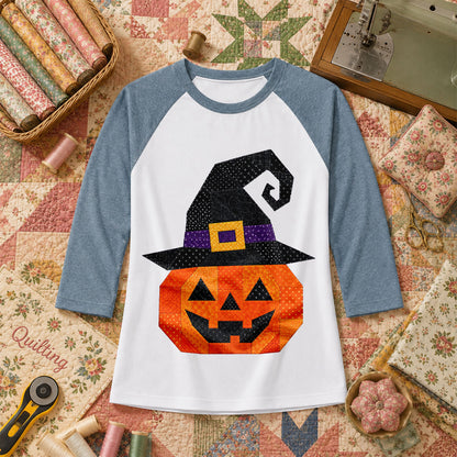 Patchwork Witch Hat Pumpkin Halloween Raglan Sleeve - Denim