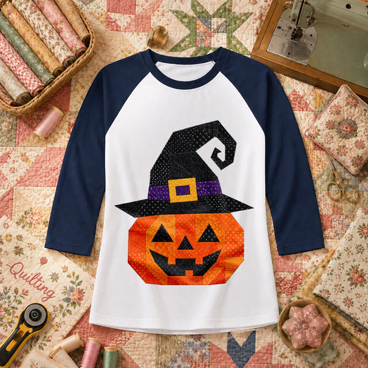 Patchwork Witch Hat Pumpkin Halloween Raglan Sleeve - Navy