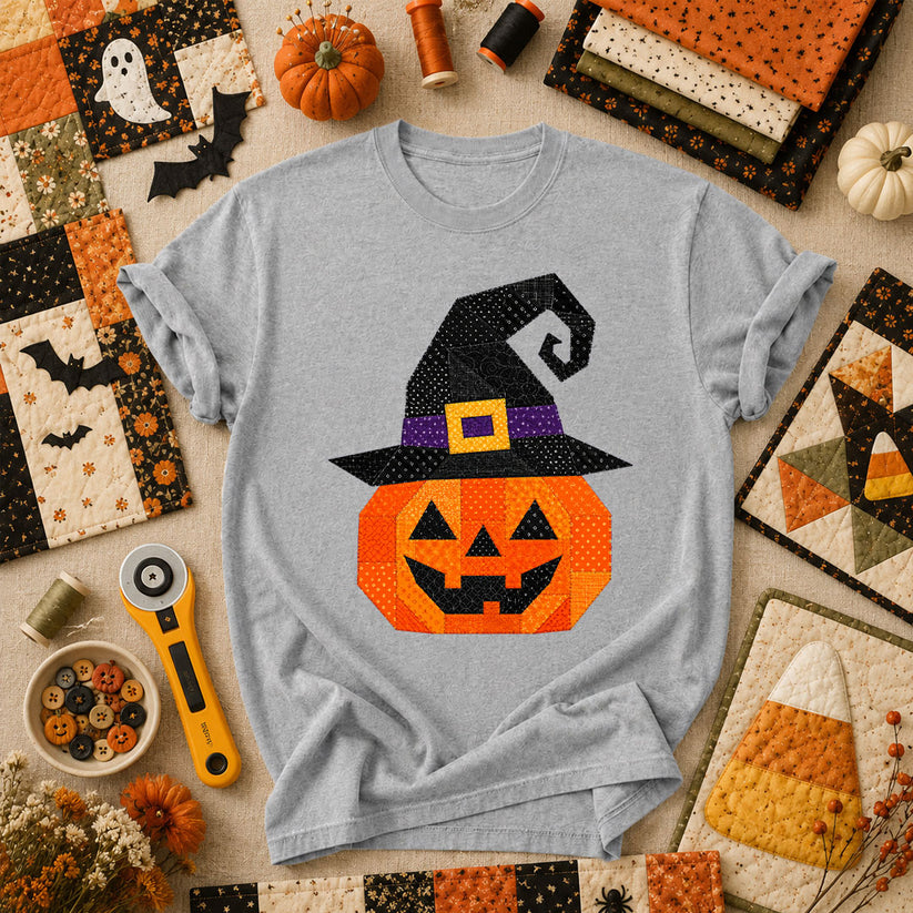 Patchwork Witch Hat Pumpkin Halloween T-Shirt - Athletic Heather