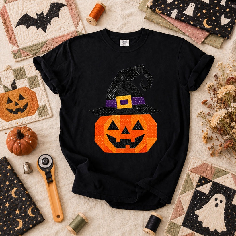 Patchwork Witch Hat Pumpkin Halloween T-Shirt - Black