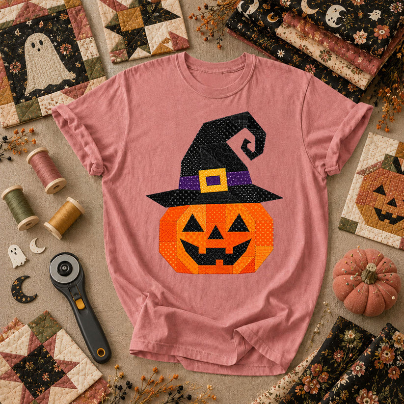 Patchwork Witch Hat Pumpkin Halloween T-Shirt - Heather Mauve