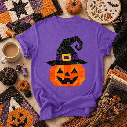 Patchwork Witch Hat Pumpkin Halloween T-Shirt - Heather Team Purple