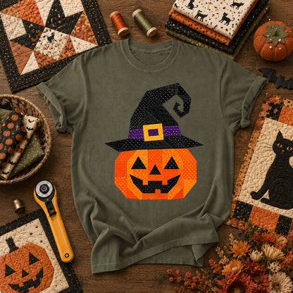 Patchwork Witch Hat Pumpkin Halloween T-Shirt - Military Green