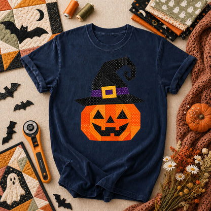 Patchwork Witch Hat Pumpkin Halloween T-Shirt - Navy