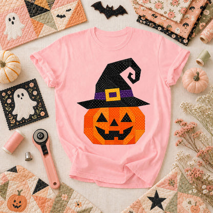 Patchwork Witch Hat Pumpkin Halloween T-Shirt - Pink