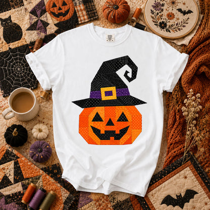 Patchwork Witch Hat Pumpkin Halloween T-Shirt - White