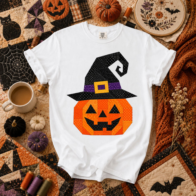 Patchwork Witch Hat Pumpkin Halloween T-Shirt - White
