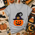 Patchwork Witch Hat Pumpkin Halloween Women's V-Neck