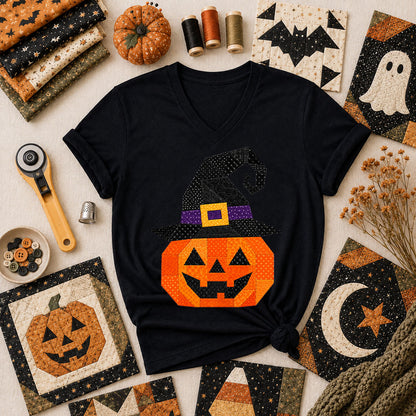Patchwork Witch Hat Pumpkin Halloween Women's V-Neck - Black