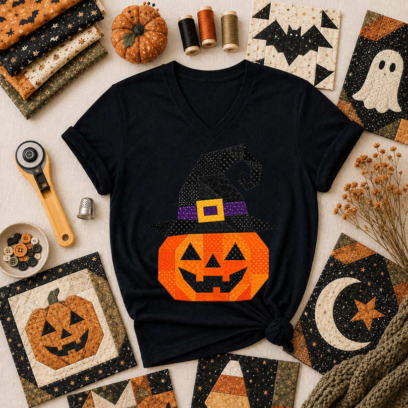 Patchwork Witch Hat Pumpkin Halloween Women's V-Neck - Black
