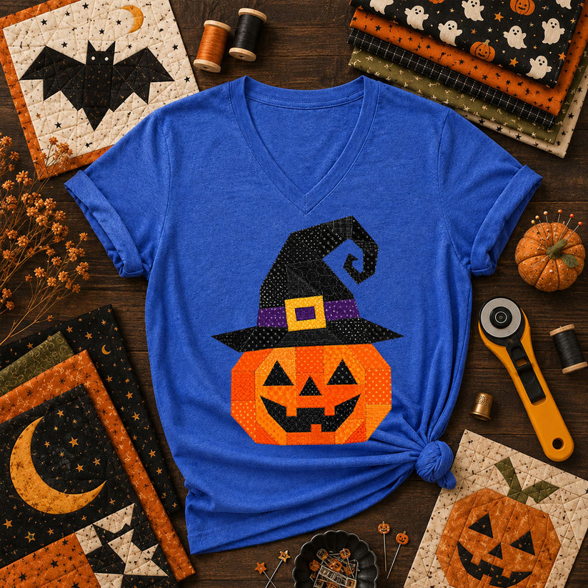 Patchwork Witch Hat Pumpkin Halloween Women's V-Neck - Heather True Royal