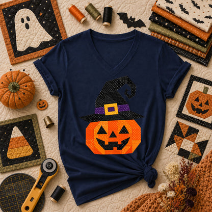 Patchwork Witch Hat Pumpkin Halloween Women's V-Neck - Navy