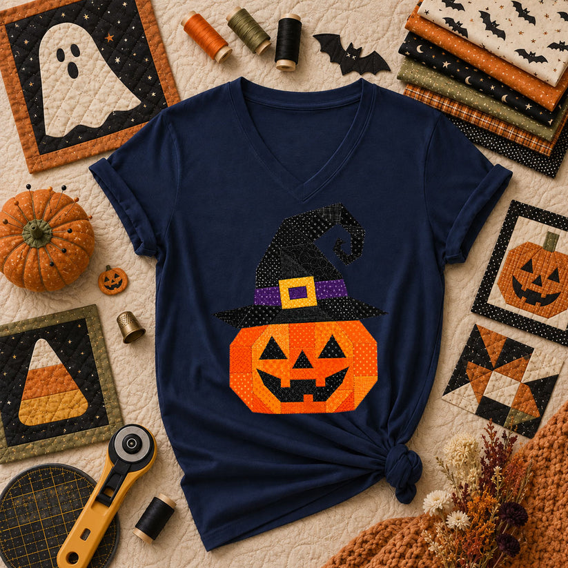 Patchwork Witch Hat Pumpkin Halloween Women's V-Neck - Navy