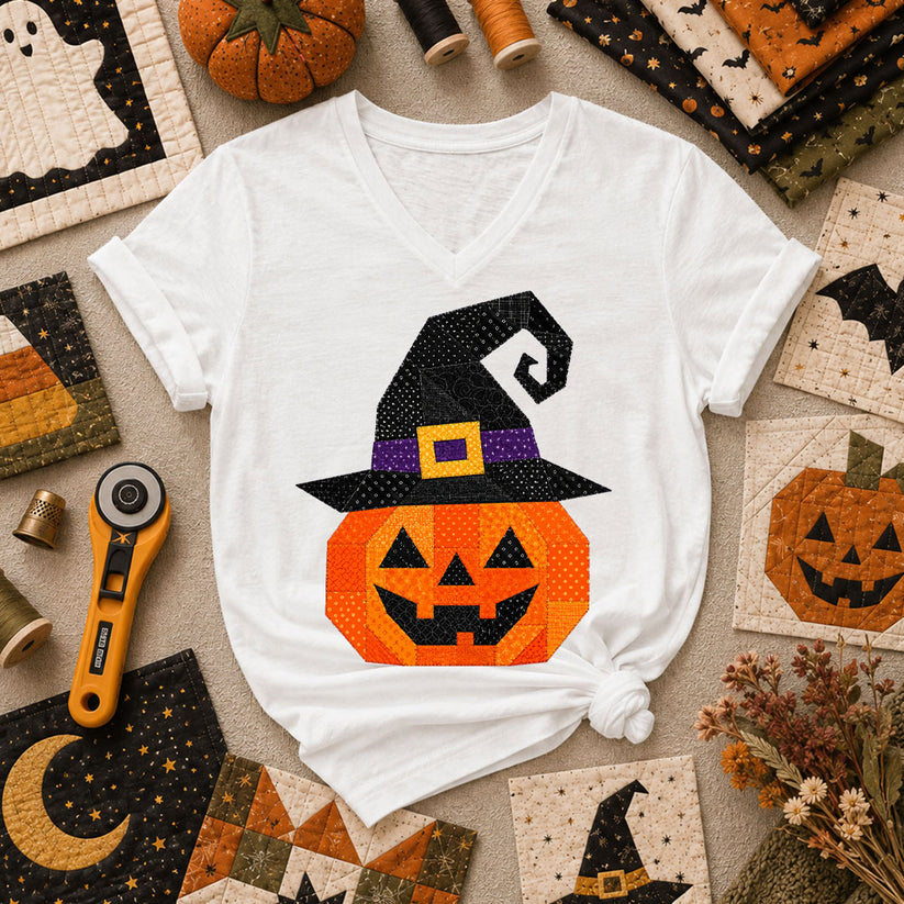 Patchwork Witch Hat Pumpkin Halloween Women's V-Neck - White
