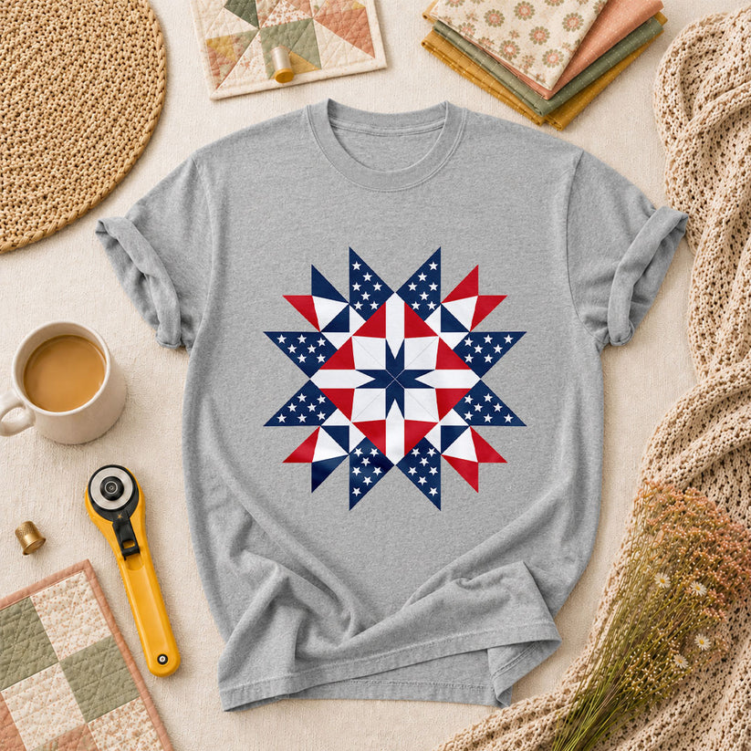 Patriotic American Flag Quilt Star Red White Blue T-Shirt - Athletic Heather