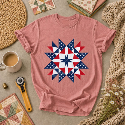 Patriotic American Flag Quilt Star Red White Blue T-Shirt - Heather Mauve