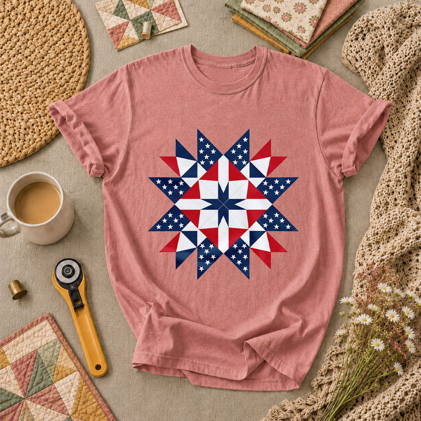 Patriotic American Flag Quilt Star Red White Blue T-Shirt - Heather Mauve