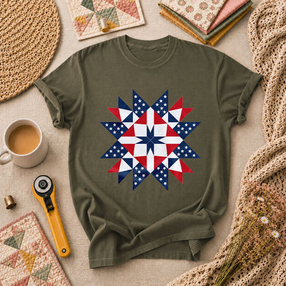 Patriotic American Flag Quilt Star Red White Blue T-Shirt - Military Green