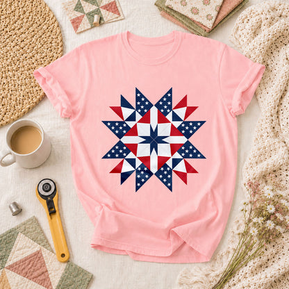 Patriotic American Flag Quilt Star Red White Blue T-Shirt - Pink