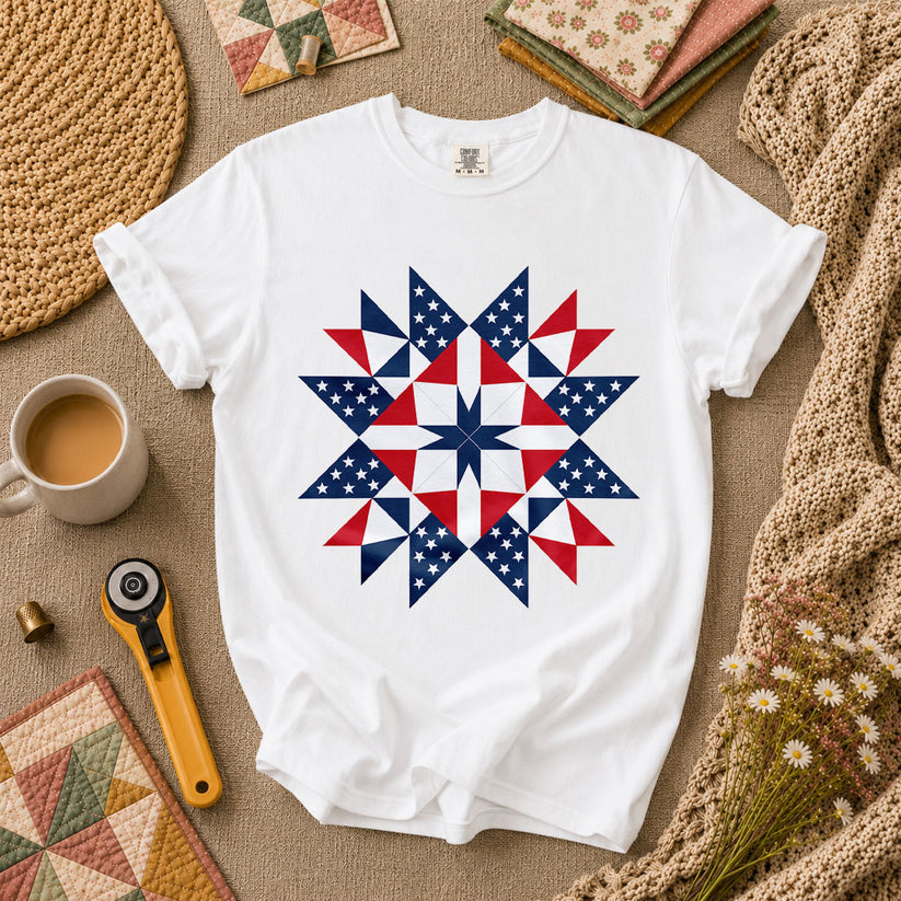 Patriotic American Flag Quilt Star Red White Blue T-Shirt - White