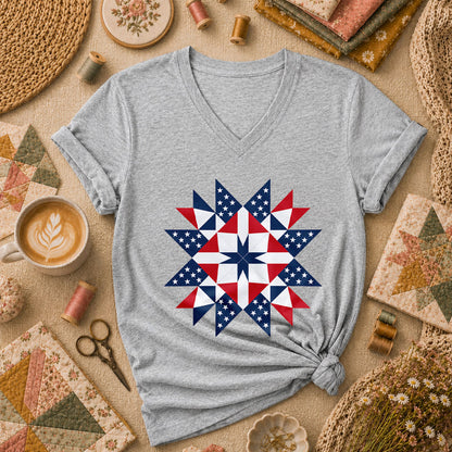 Patriotic American Flag Quilt Star Red White Blue Women's V-Neck - Athletic Heather