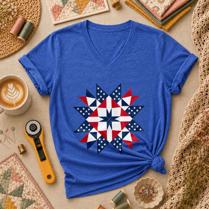 Patriotic American Flag Quilt Star Red White Blue Women's V-Neck - Heather True Royal