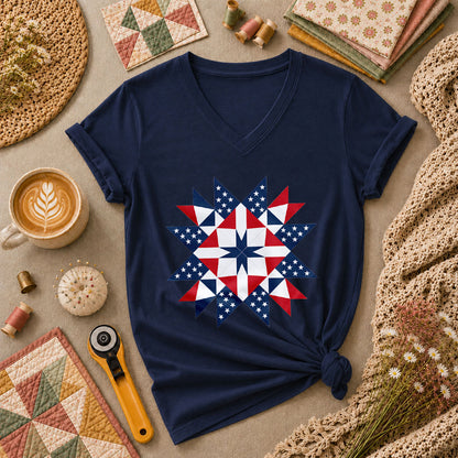 Patriotic American Flag Quilt Star Red White Blue Women's V-Neck - Navy