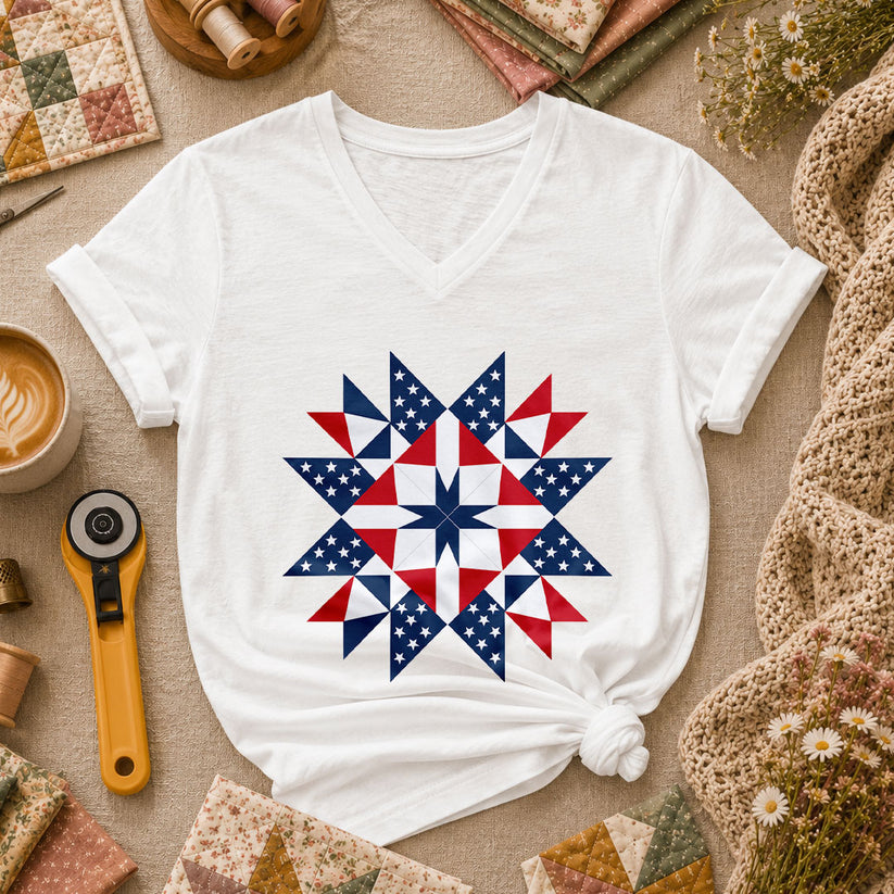 Patriotic American Flag Quilt Star Red White Blue Women's V-Neck - White