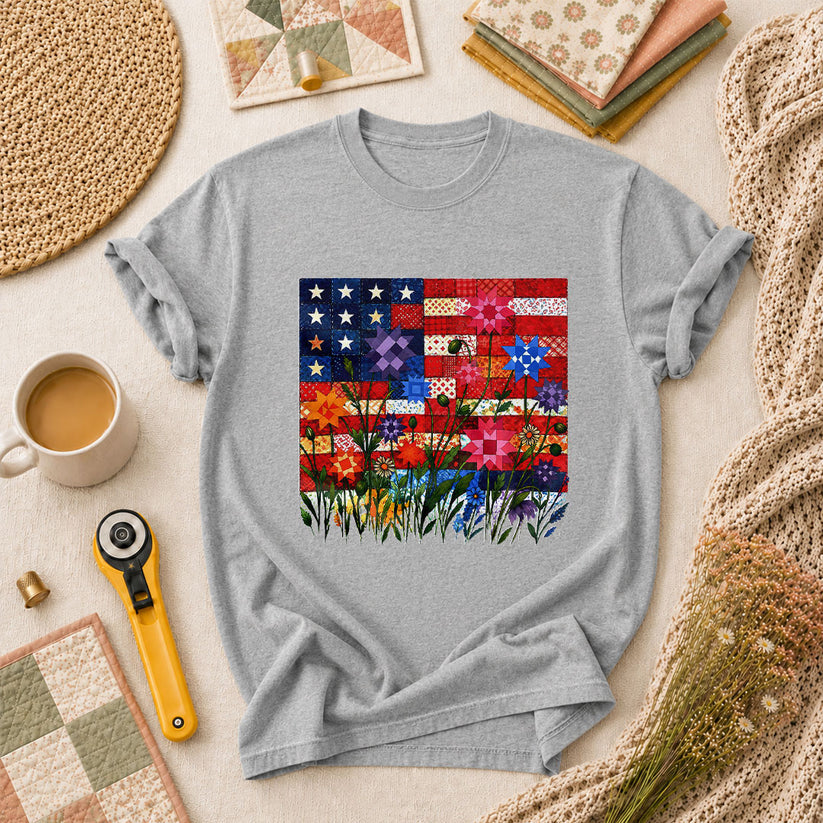 Patriotic American Flag Quilt Wildflowers Patchwork T-Shirt - Athletic Heather