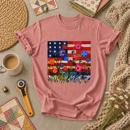 Patriotic American Flag Quilt Wildflowers Patchwork T-Shirt - Heather Mauve