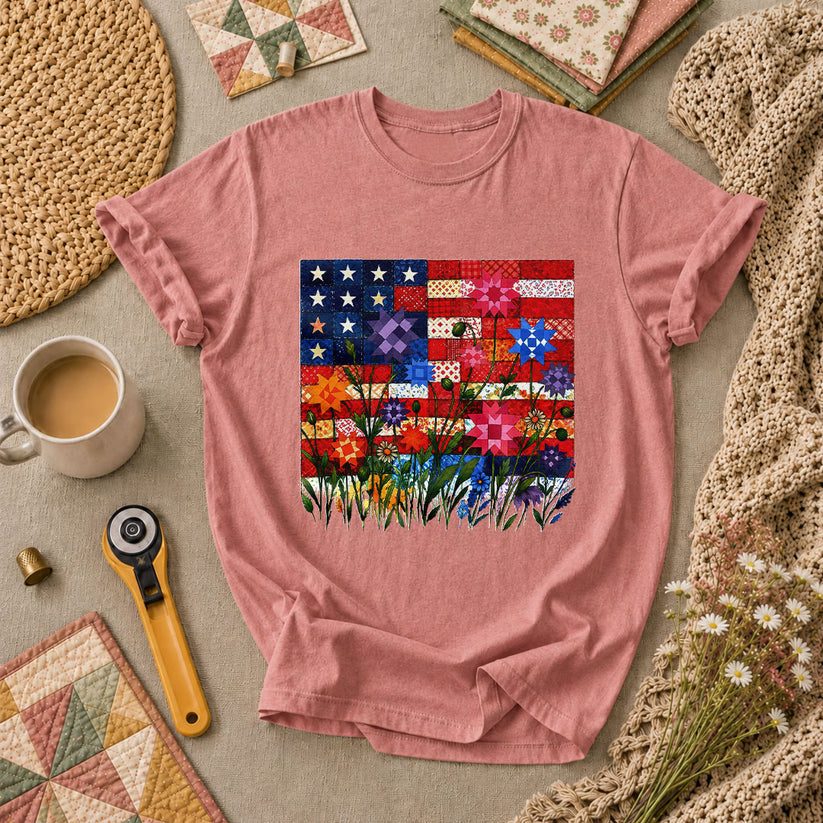 Patriotic American Flag Quilt Wildflowers Patchwork T-Shirt - Heather Mauve