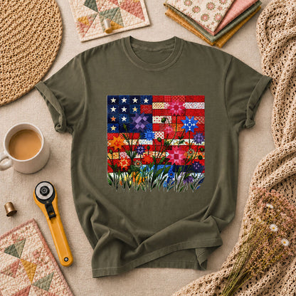 Patriotic American Flag Quilt Wildflowers Patchwork T-Shirt - Military Green