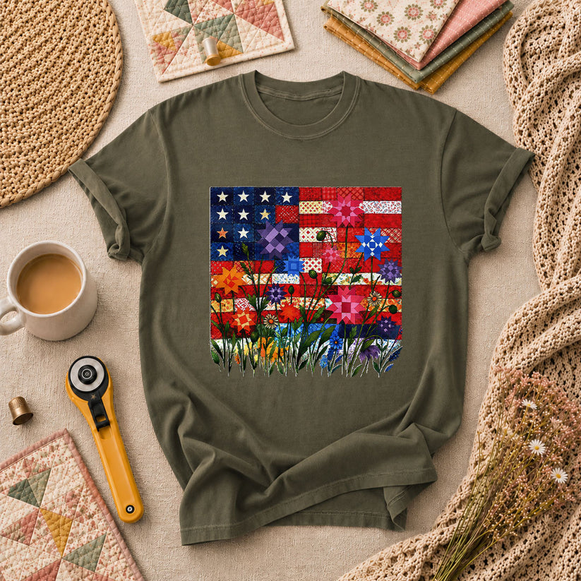 Patriotic American Flag Quilt Wildflowers Patchwork T-Shirt - Military Green
