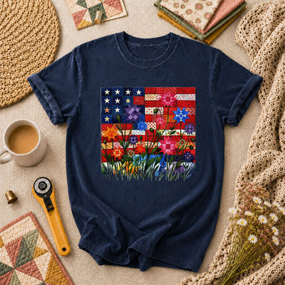 Patriotic American Flag Quilt Wildflowers Patchwork T-Shirt - Navy
