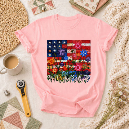 Patriotic American Flag Quilt Wildflowers Patchwork T-Shirt - Pink