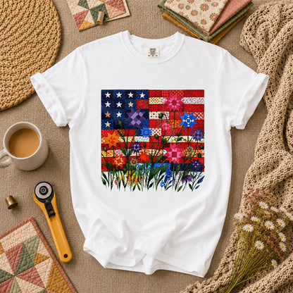 Patriotic American Flag Quilt Wildflowers Patchwork T-Shirt - White