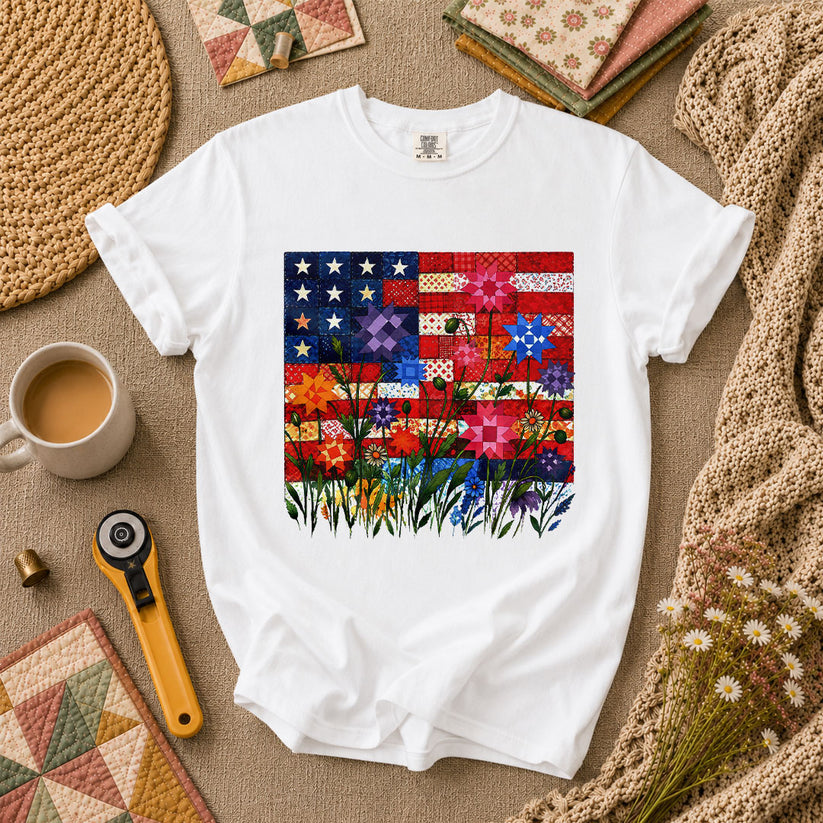 Patriotic American Flag Quilt Wildflowers Patchwork T-Shirt - White