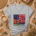 Patriotic American Flag Quilt Wildflowers Patchwork Women's V-Neck