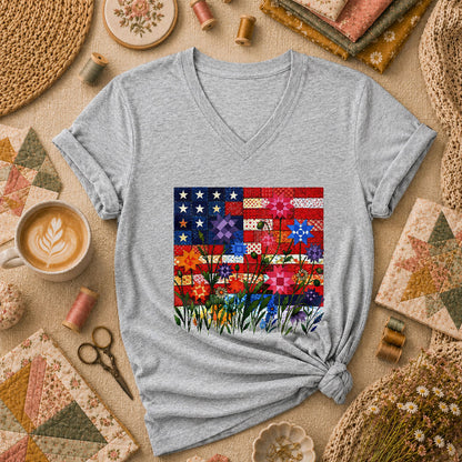 Patriotic American Flag Quilt Wildflowers Patchwork Women's V-Neck - Athletic Heather