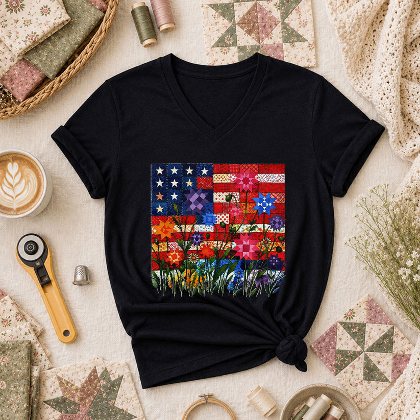 Patriotic American Flag Quilt Wildflowers Patchwork Women's V-Neck - Black