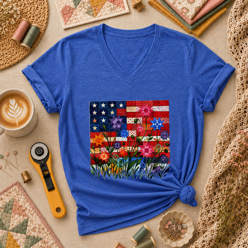 Patriotic American Flag Quilt Wildflowers Patchwork Women's V-Neck - Heather True Royal
