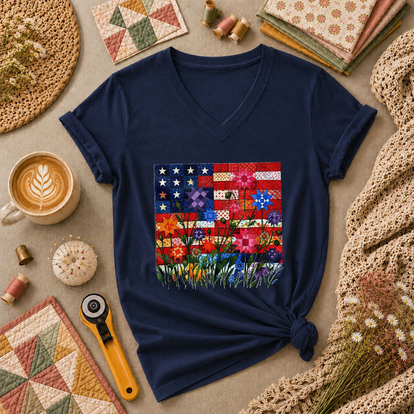 Patriotic American Flag Quilt Wildflowers Patchwork Women's V-Neck - Navy