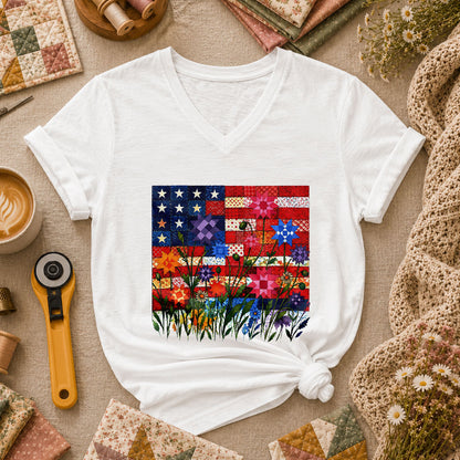 Patriotic American Flag Quilt Wildflowers Patchwork Women's V-Neck - White